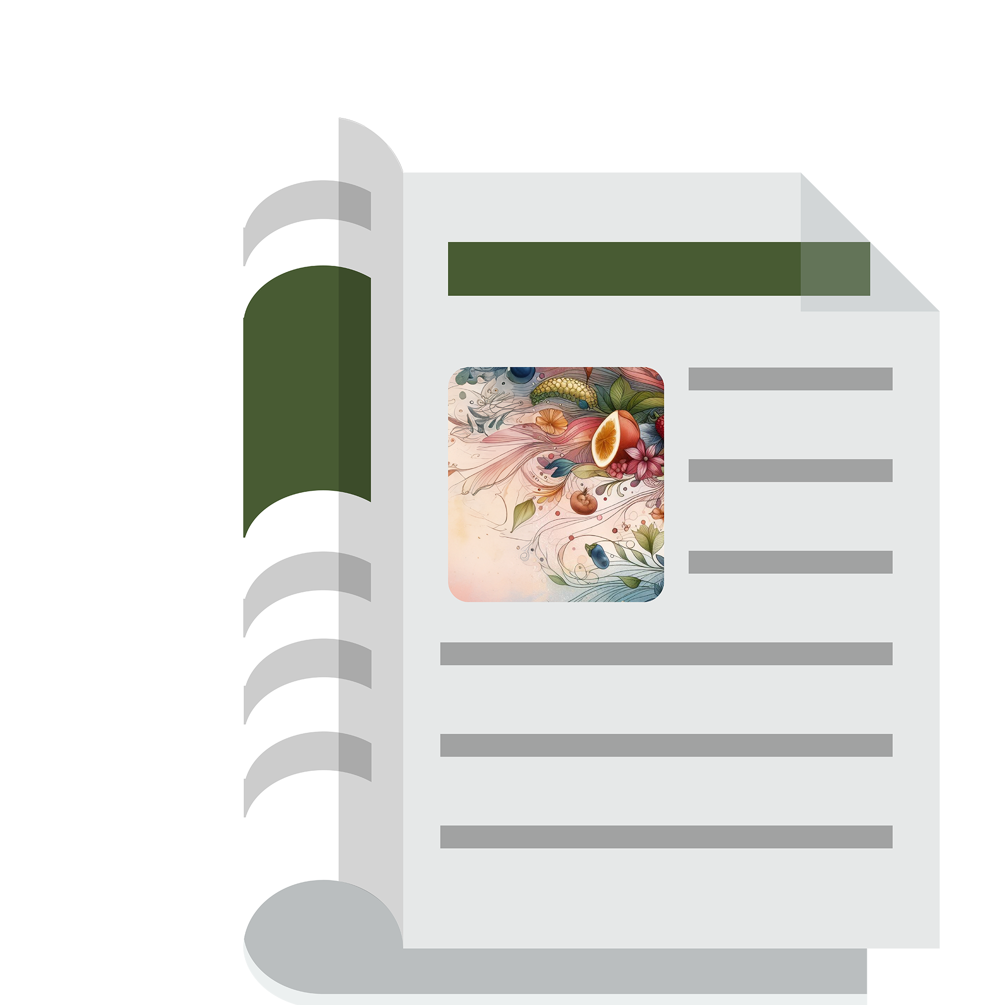 Representation of a magazin open with pages folded behind showing lines and an image on the visible page.