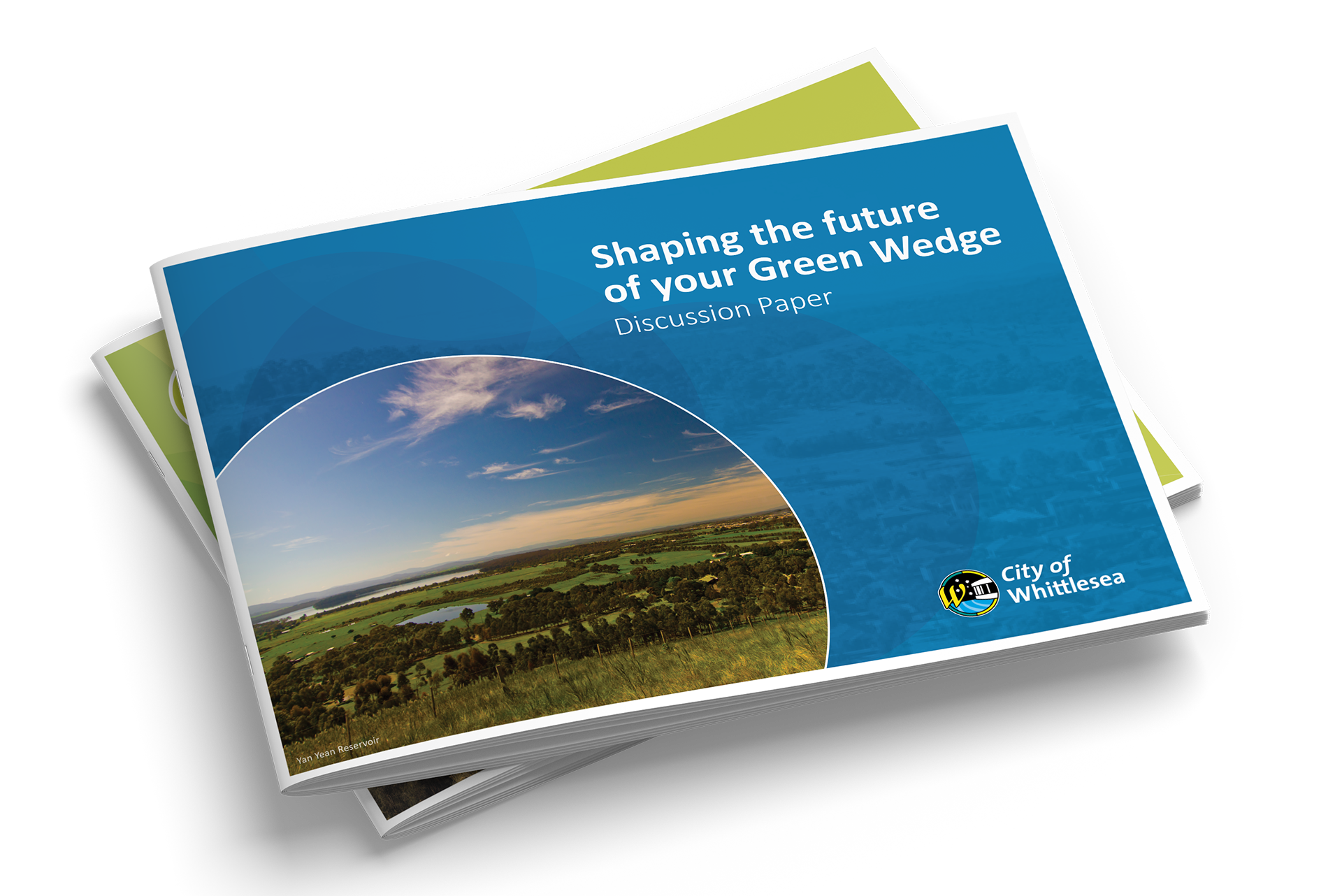 Two different brochures on top of one another one with a blue cover is mostly visible over a green covered one below