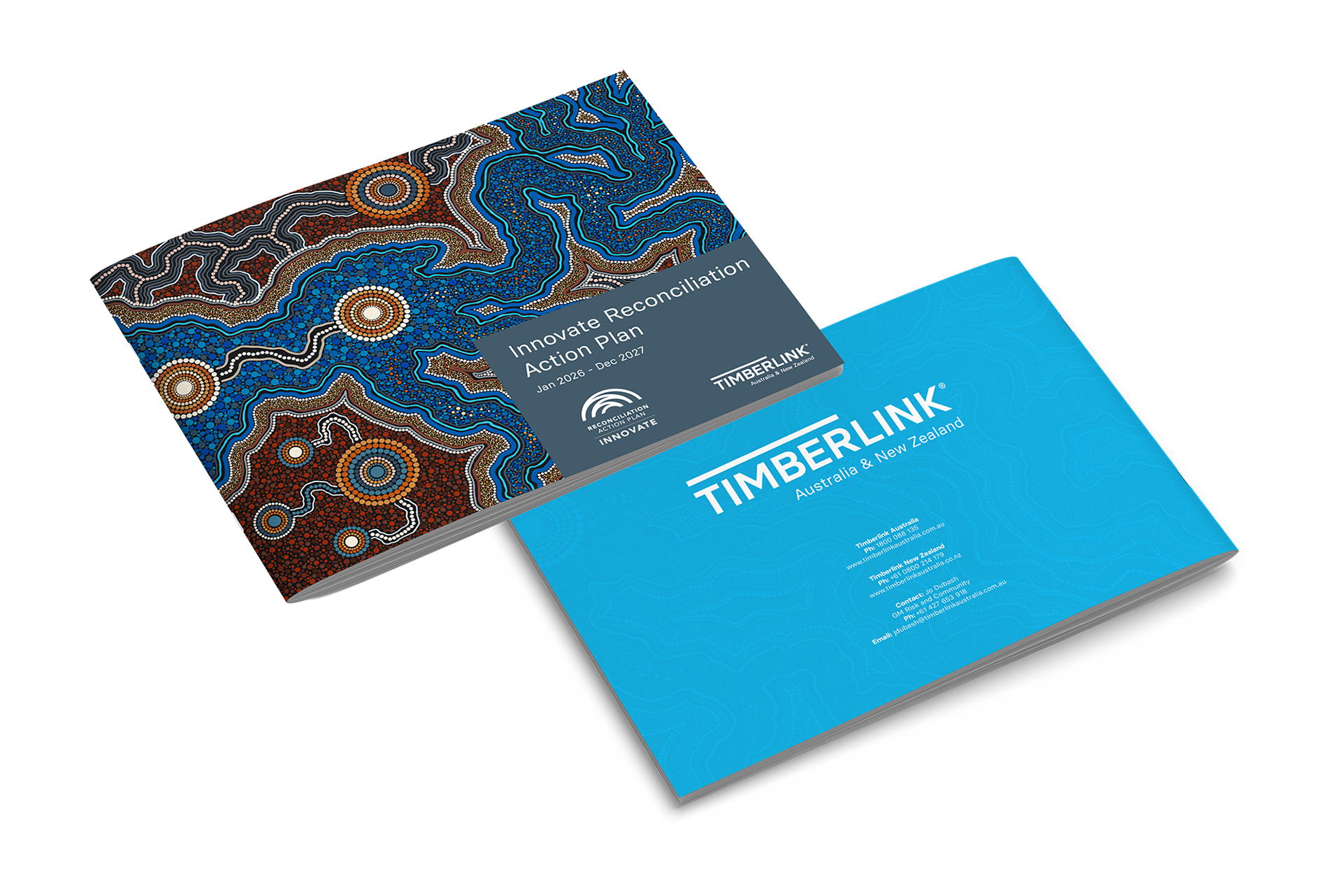 Two brochures stacked on top of one another showing a company branded report