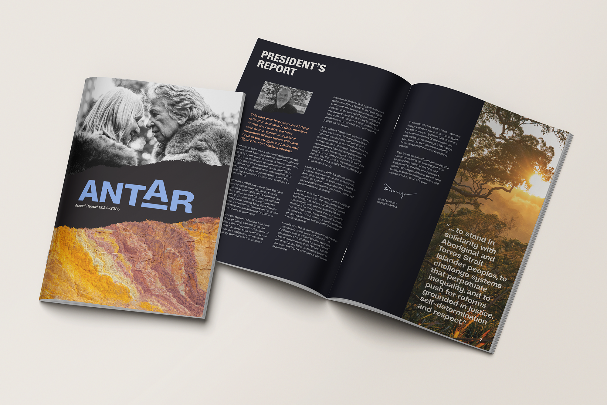 Two magazines one showing the cover of the ANTAR Annual Report 2025-25 and internal page