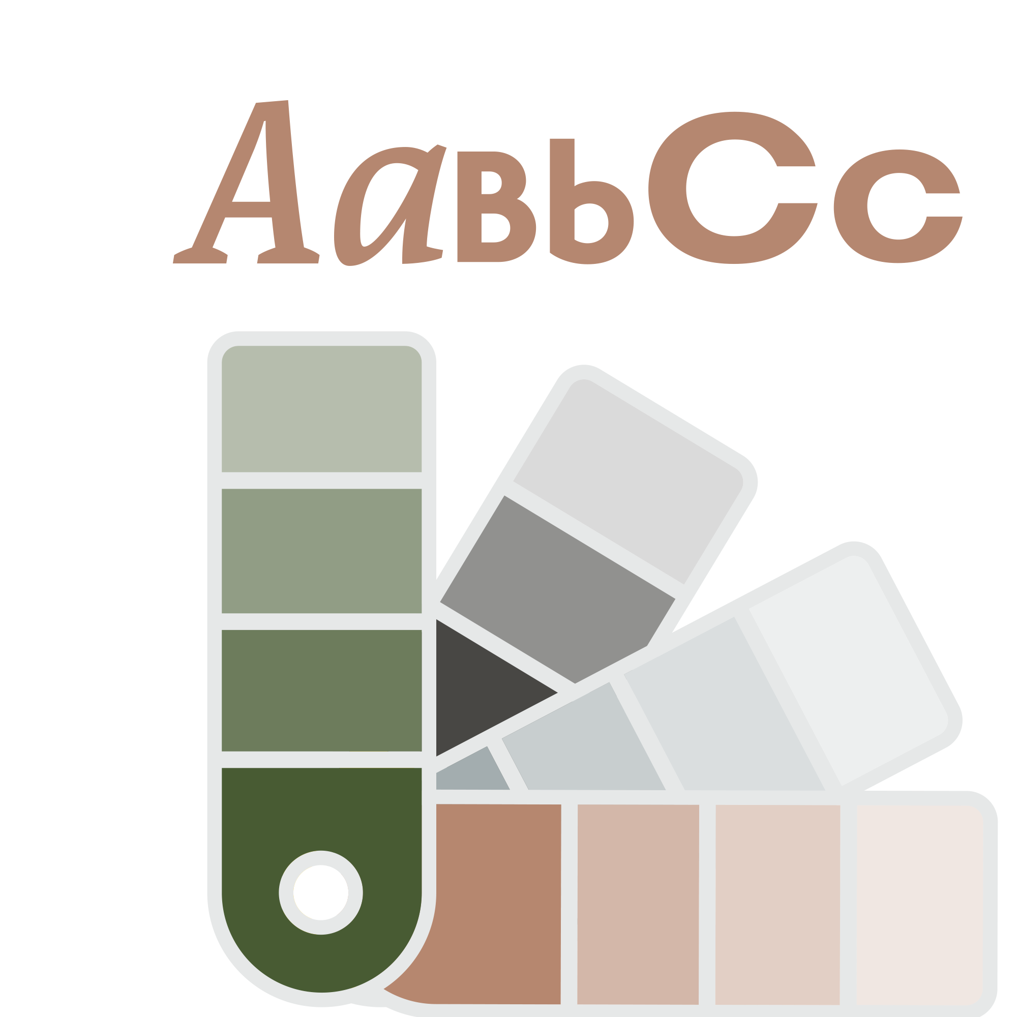 Represnation of a pantone colour book with several swtaches open and some typography showing the letters A B C in different font styles