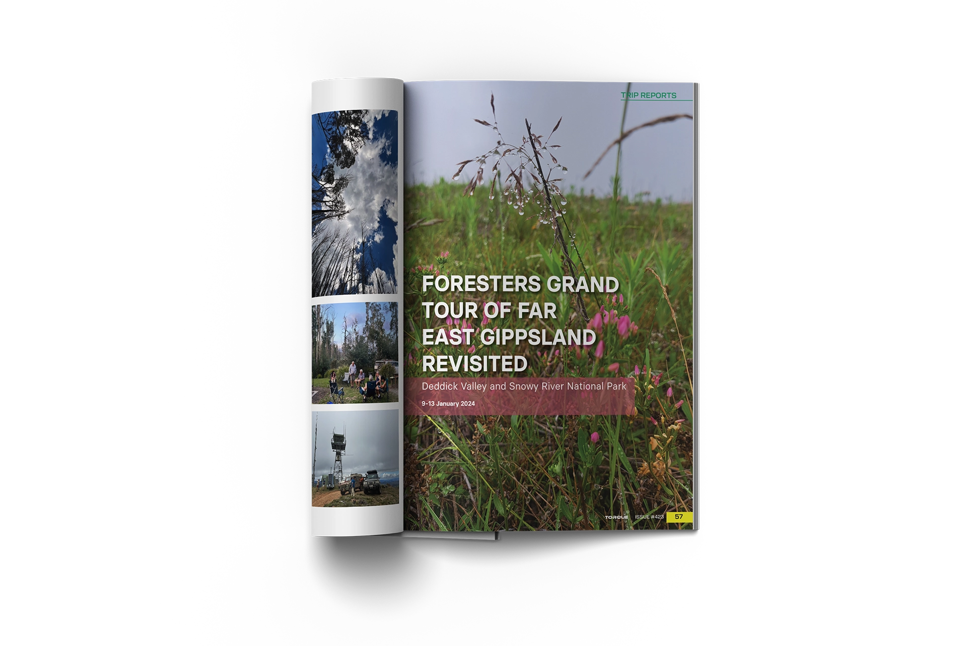 One magazine open with page folded behind showing interior content