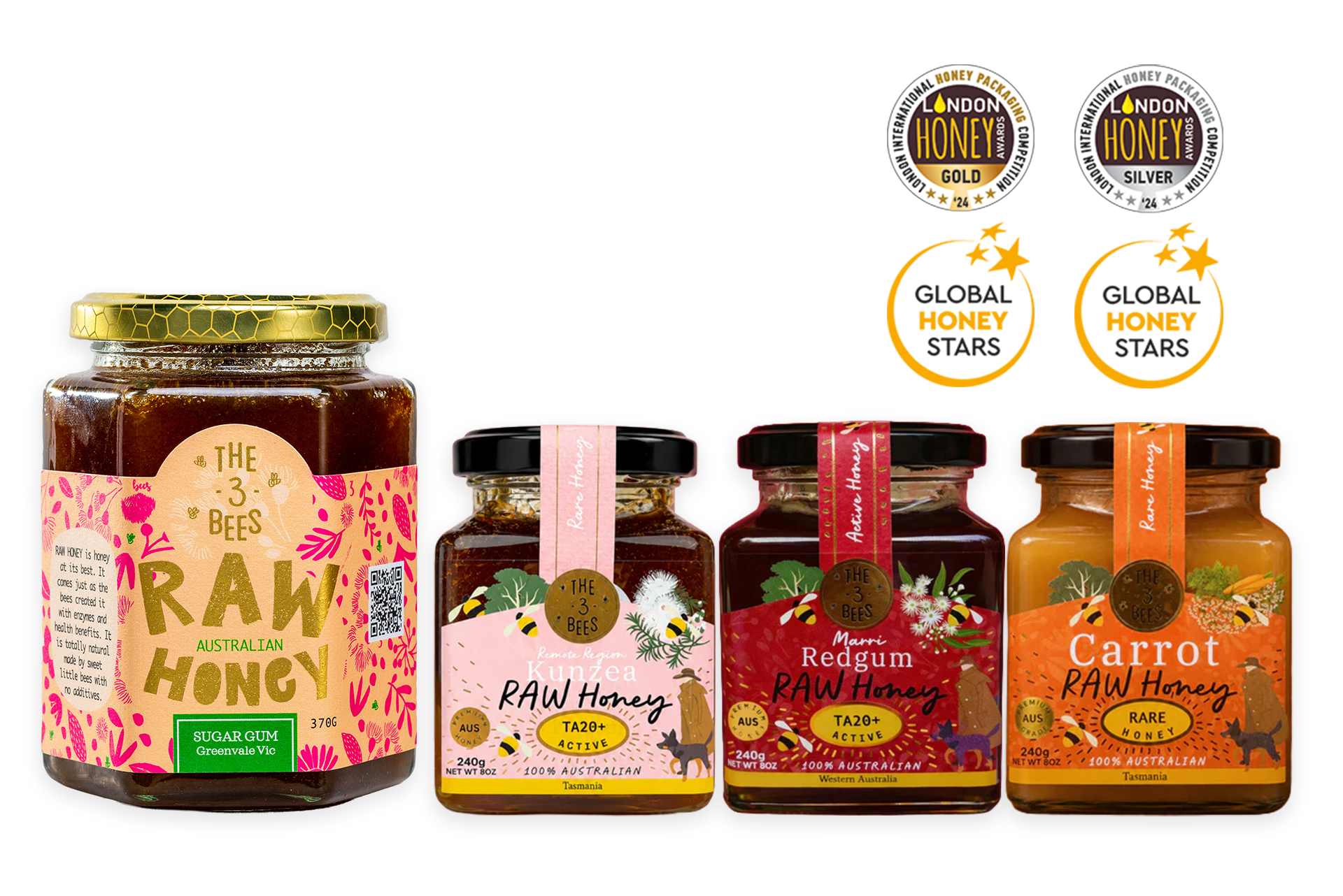 Two jars of honey, one larger and hexagonal shapped, one smaller and square shaped, both showing the name The 3 Bees