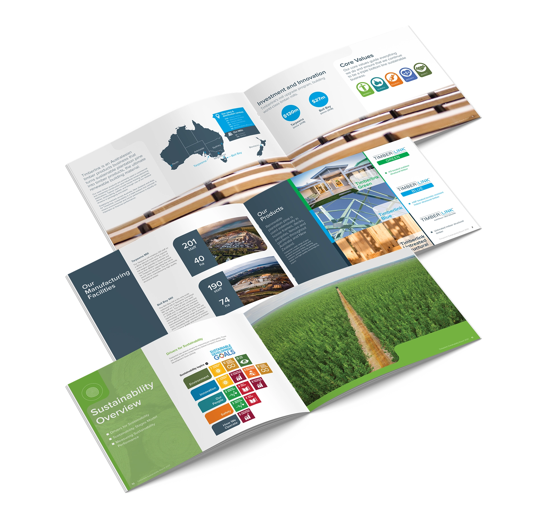 Three timberlink product brochures open to show interior content