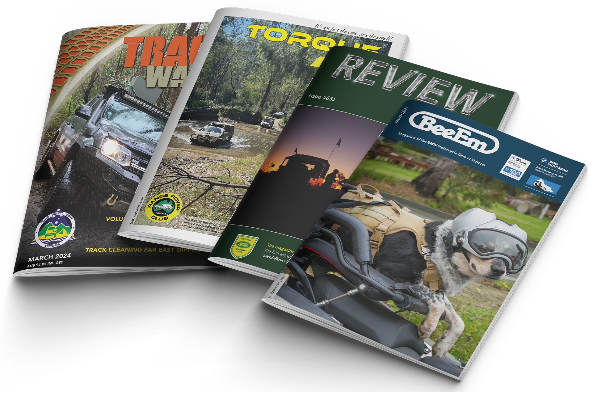 Four different car and motorcycle club magazines arranged in a fan layout showing parts of the different covers