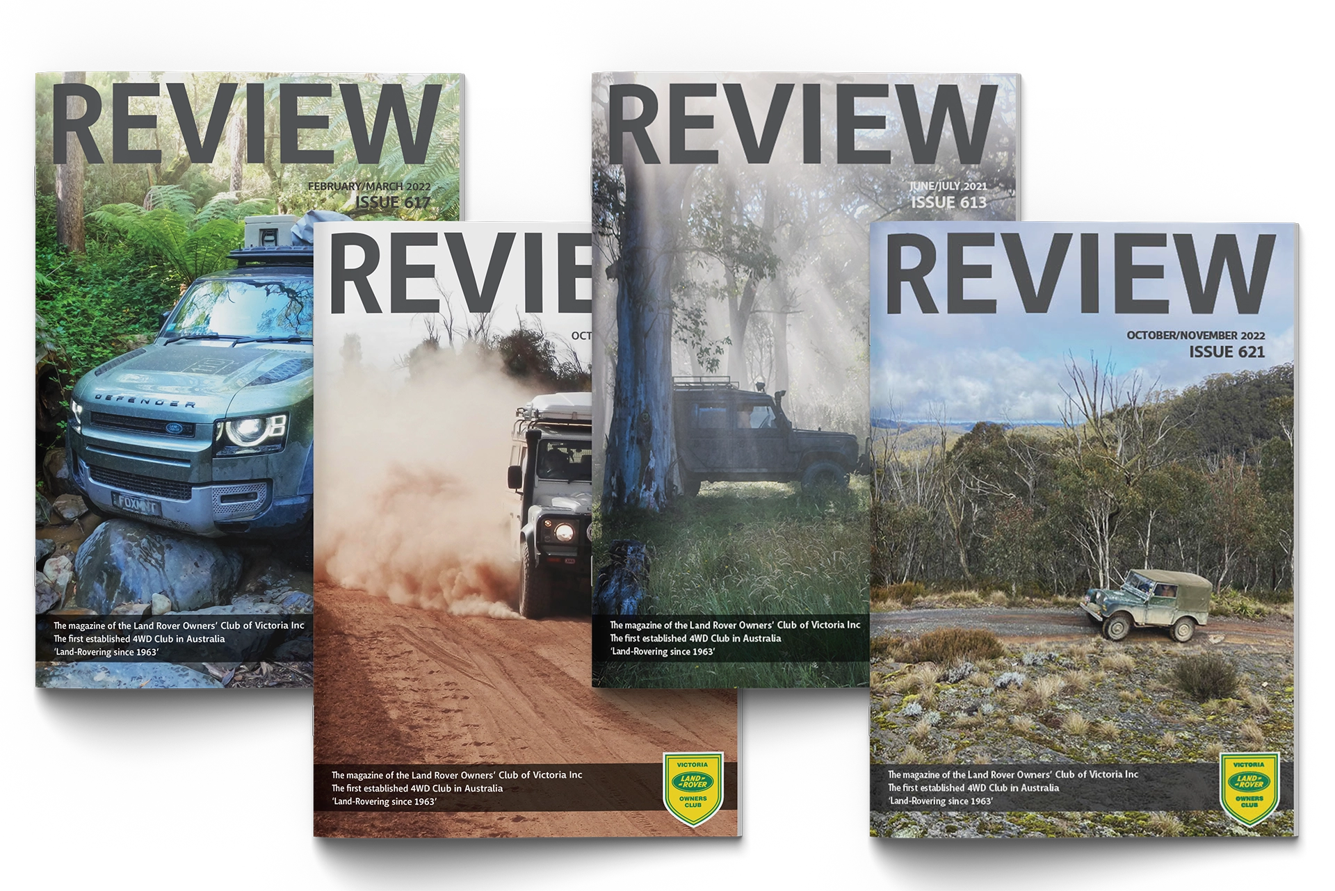 Four editions of review magazine overlapping showing covers