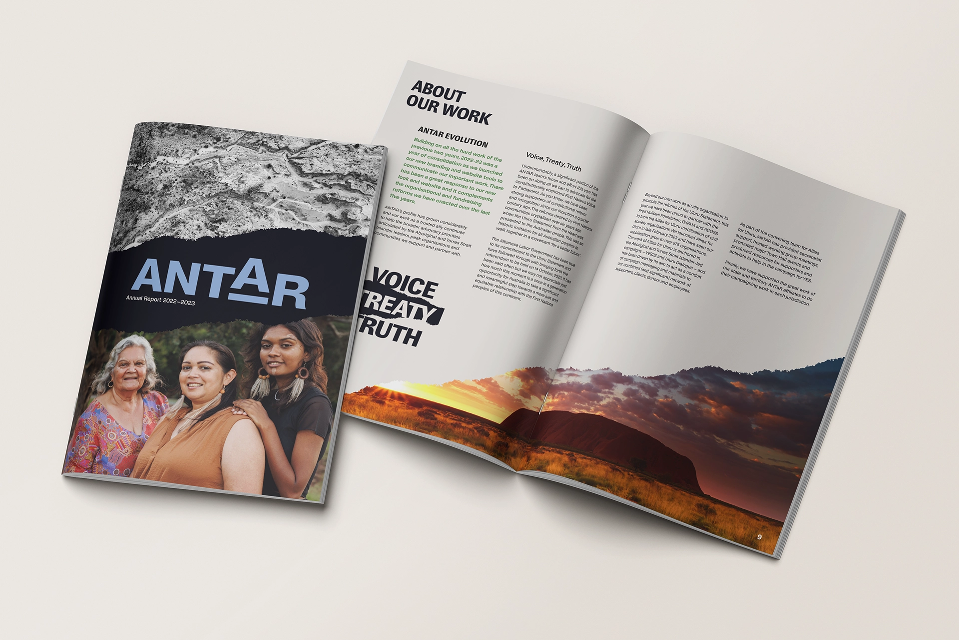 Two magazines layed over each other one showing only a cover with the name ANTAR visible and the second open to a page at the middle.
