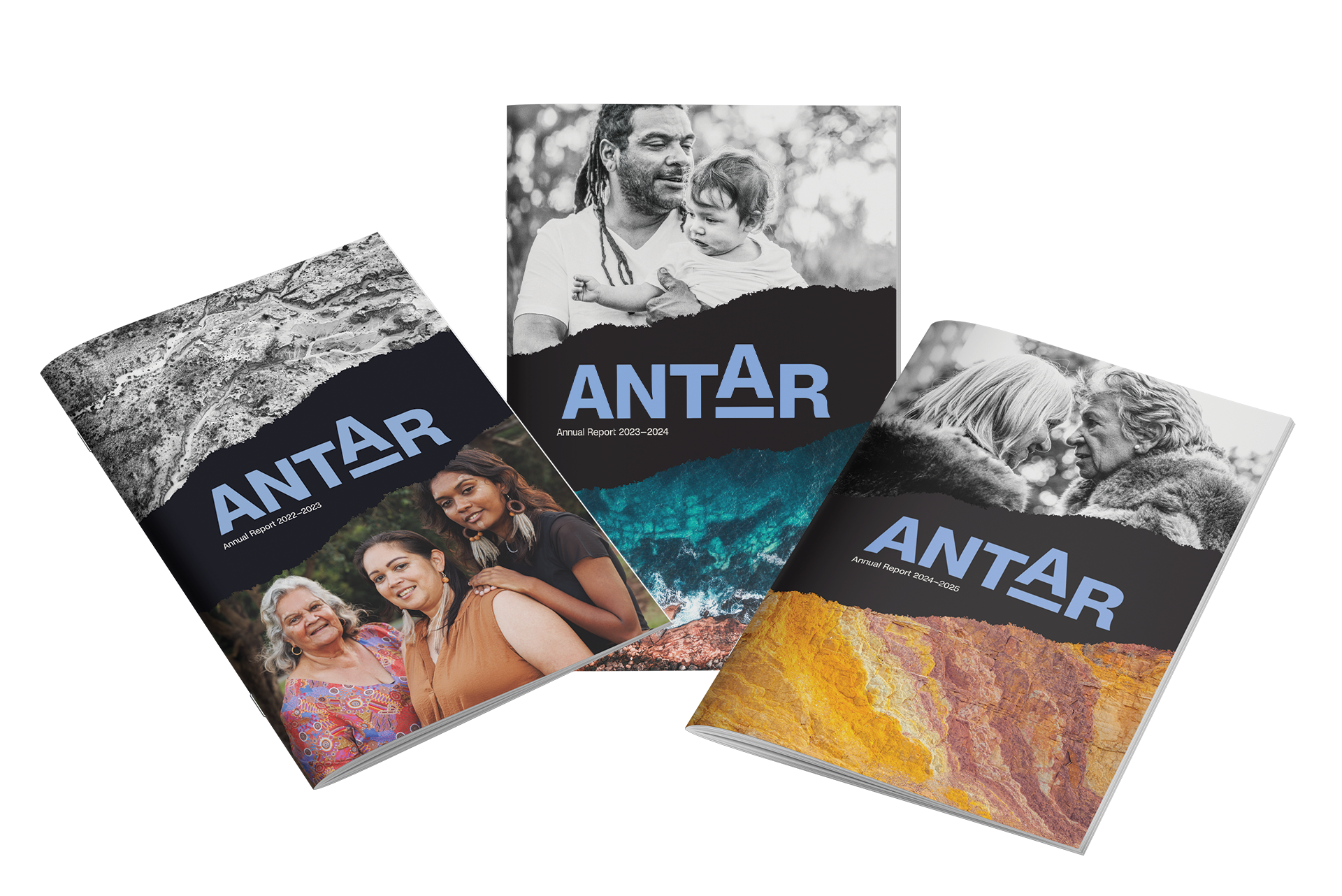 Two magazines layed over each other one showing only a cover with the name ANTAR visible and the second open to a page at the middle.